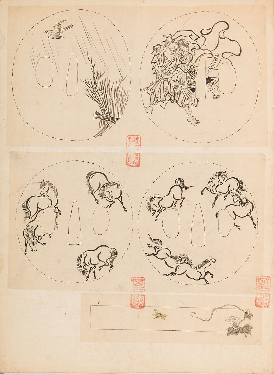 彫鐫画譜 Album of Designs for Metal Carving (<i>Chōsen Gafu</i>), 嵐山常行画 Ranzan Tsuneyuki (Japanese, active mid-19th century), Ink on paper, pasted into a bound volume, Japanese