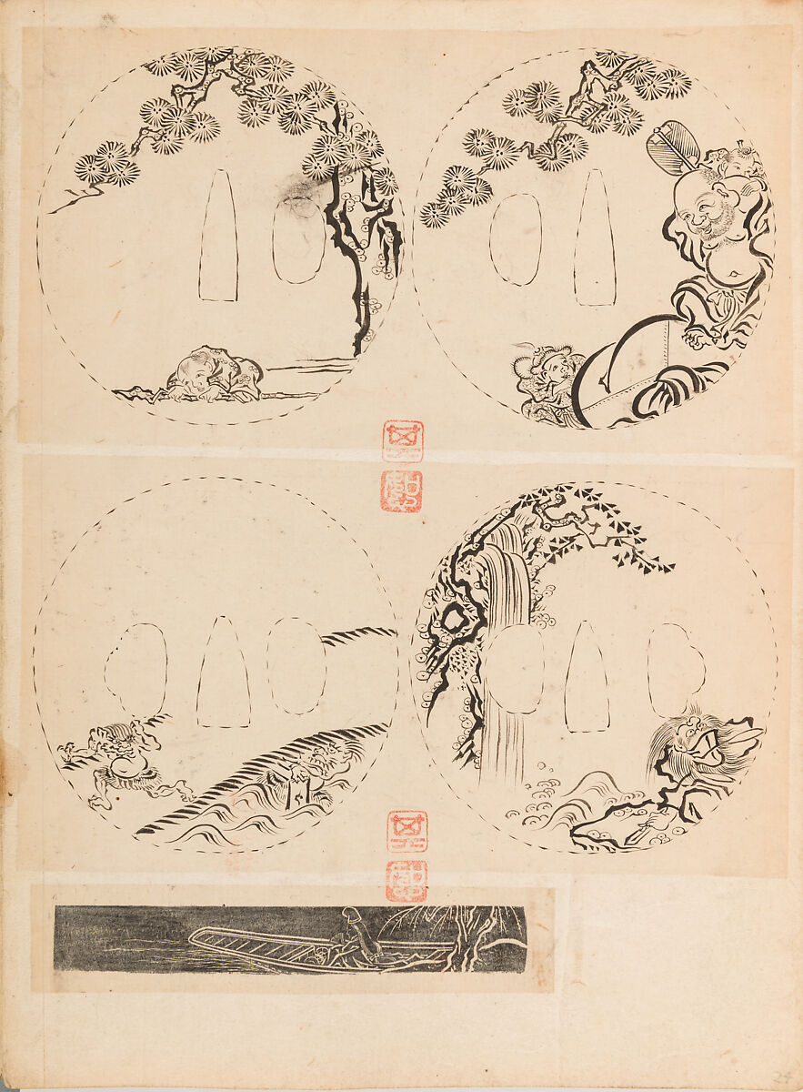 彫鐫画譜 Album of Designs for Metal Carving (<i>Chōsen Gafu</i>), 嵐山常行画 Ranzan Tsuneyuki (Japanese, active mid-19th century), Ink on paper, pasted into a bound volume, Japanese