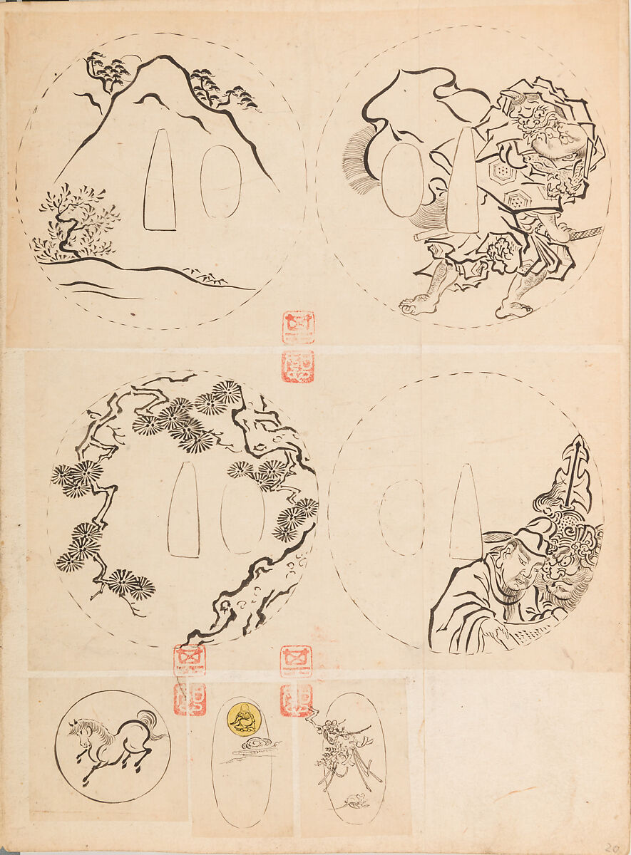 彫鐫画譜 Album of Designs for Metal Carving (<i>Chōsen Gafu</i>), 嵐山常行画 Ranzan Tsuneyuki (Japanese, active mid-19th century), Ink on paper, pasted into a bound volume, Japanese