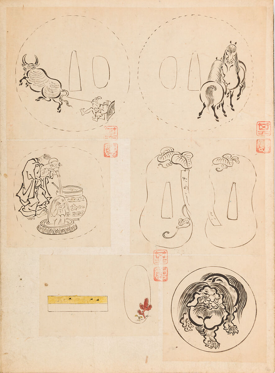 彫鐫画譜 Album of Designs for Metal Carving (<i>Chōsen Gafu</i>), 嵐山常行画 Ranzan Tsuneyuki (Japanese, active mid-19th century), Ink on paper, pasted into a bound volume, Japanese