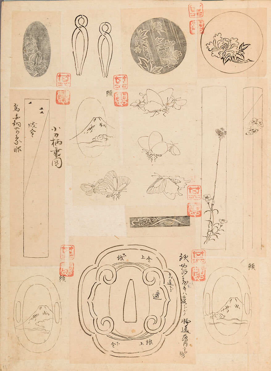 彫鐫画譜 Album of Designs for Metal Carving (<i>Chōsen Gafu</i>), 嵐山常行画 Ranzan Tsuneyuki (Japanese, active mid-19th century), Ink on paper, pasted into a bound volume, Japanese