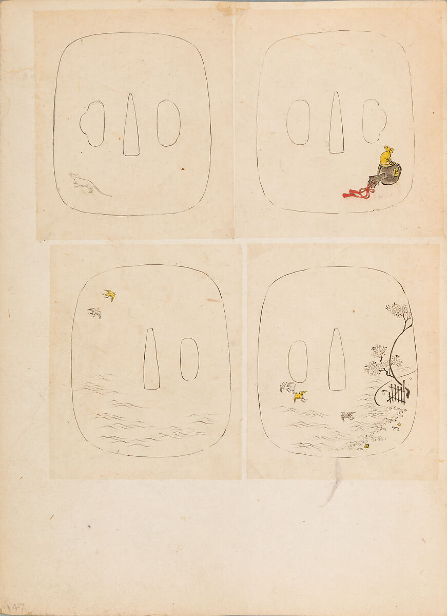 彫鐫画譜 Album of Designs for Metal Carving (<i>Chōsen Gafu</i>), 嵐山常行画 Ranzan Tsuneyuki (Japanese, active mid-19th century), Ink on paper, pasted into a bound volume, Japanese