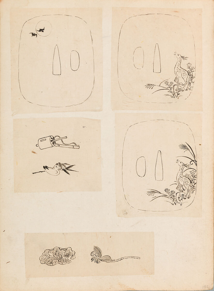 彫鐫画譜 Album of Designs for Metal Carving (<i>Chōsen Gafu</i>), 嵐山常行画 Ranzan Tsuneyuki (Japanese, active mid-19th century), Ink on paper, pasted into a bound volume, Japanese