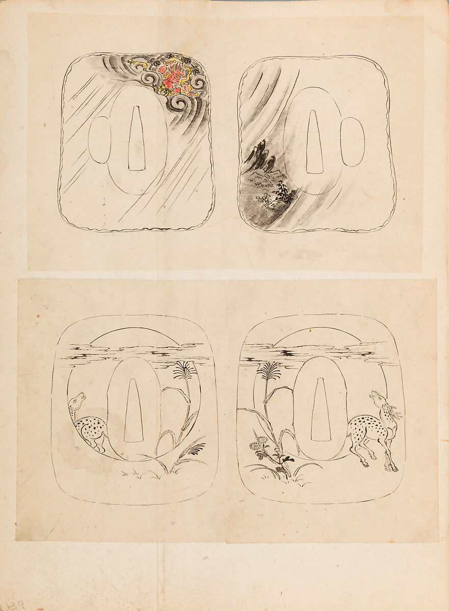 彫鐫画譜 Album of Designs for Metal Carving (<i>Chōsen Gafu</i>), 嵐山常行画 Ranzan Tsuneyuki (Japanese, active mid-19th century), Ink on paper, pasted into a bound volume, Japanese