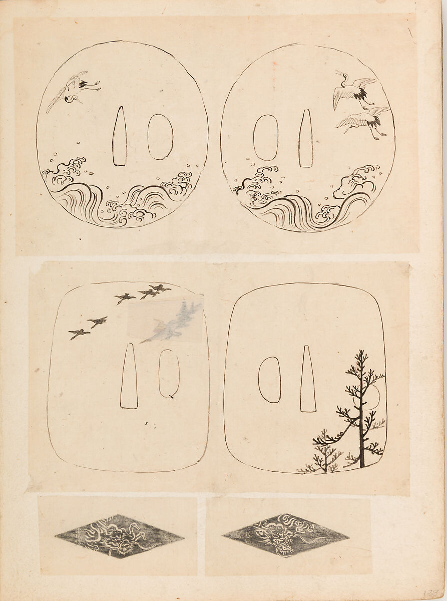 彫鐫画譜 Album of Designs for Metal Carving (<i>Chōsen Gafu</i>), 嵐山常行画 Ranzan Tsuneyuki (Japanese, active mid-19th century), Ink on paper, pasted into a bound volume, Japanese