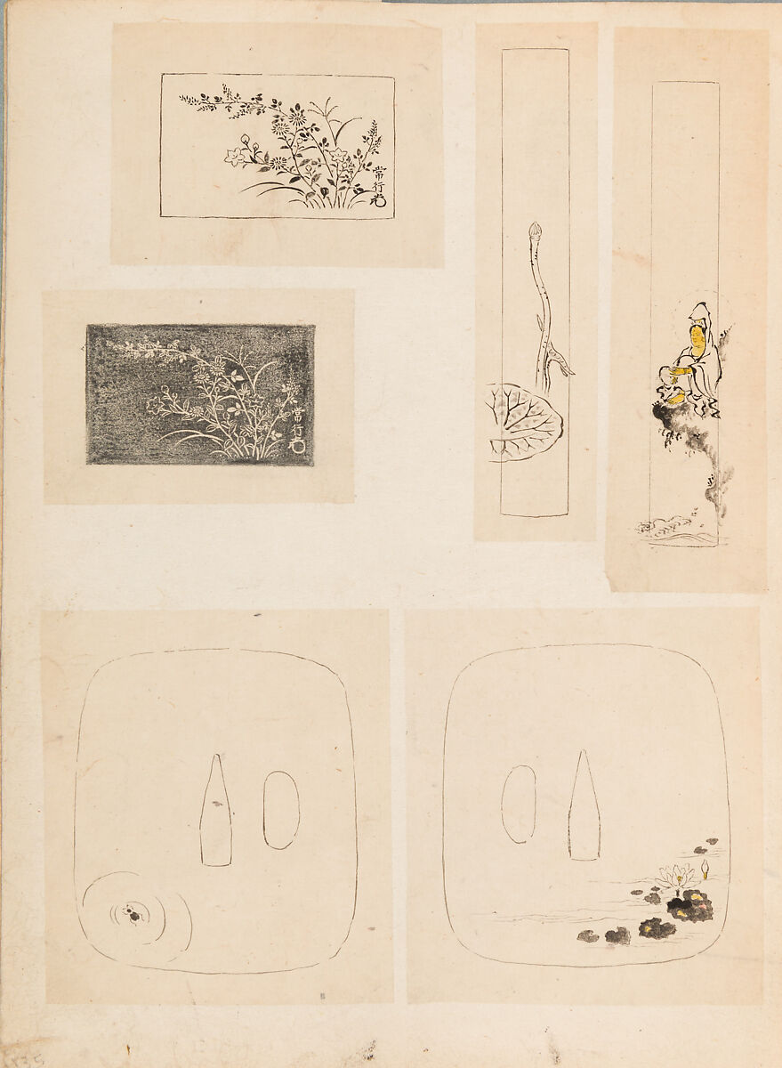 彫鐫画譜 Album of Designs for Metal Carving (<i>Chōsen Gafu</i>), 嵐山常行画 Ranzan Tsuneyuki (Japanese, active mid-19th century), Ink on paper, pasted into a bound volume, Japanese