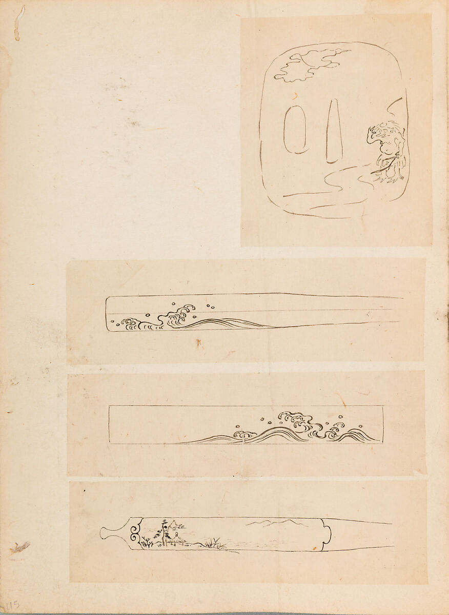 彫鐫画譜 Album of Designs for Metal Carving (<i>Chōsen Gafu</i>), 嵐山常行画 Ranzan Tsuneyuki (Japanese, active mid-19th century), Ink on paper, pasted into a bound volume, Japanese