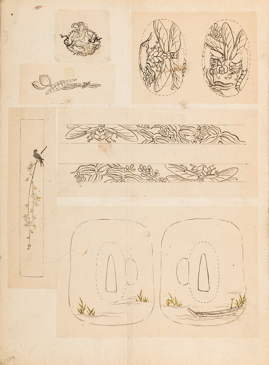 彫鐫画譜 Album of Designs for Metal Carving (<i>Chōsen Gafu</i>), 嵐山常行画 Ranzan Tsuneyuki (Japanese, active mid-19th century), Ink on paper, pasted into a bound volume, Japanese