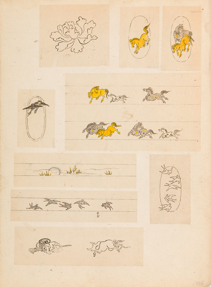 彫鐫画譜 Album of Designs for Metal Carving (<i>Chōsen Gafu</i>), 嵐山常行画 Ranzan Tsuneyuki (Japanese, active mid-19th century), Ink on paper, pasted into a bound volume, Japanese