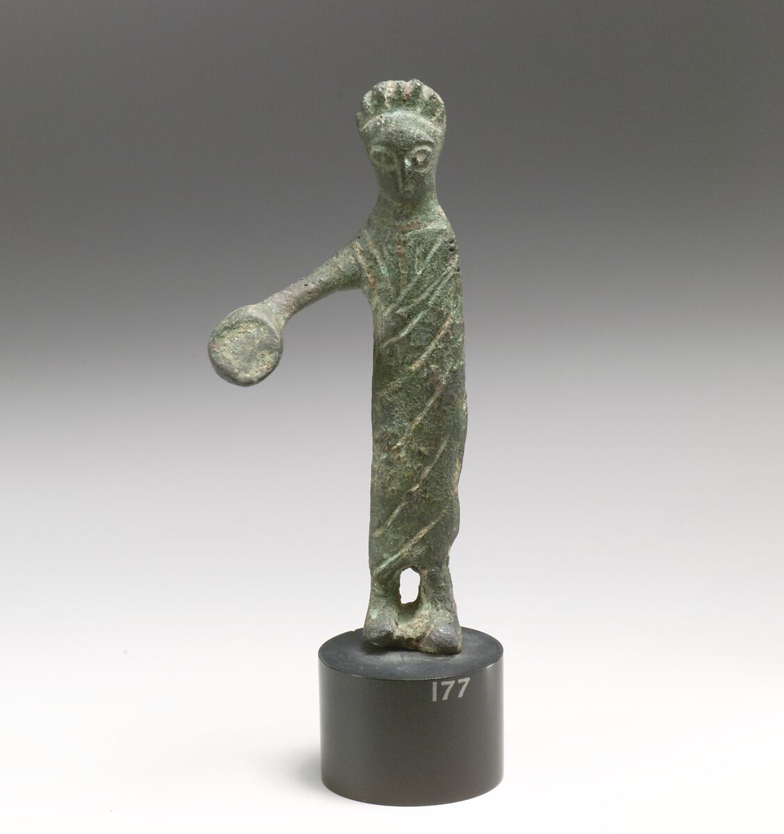 Statuette of a woman or goddess with phiale, Bronze, Etruscan 