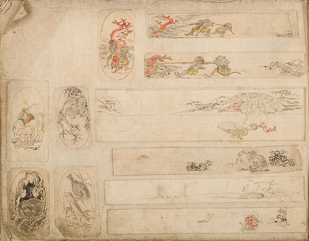 Various Designs for the Chiseller (Chōkō Shitae Shinajina), Togyoku, and others (Japanese, 1867 (3rd Month)), Ink on paper, pasted into a bound volume, Japanese