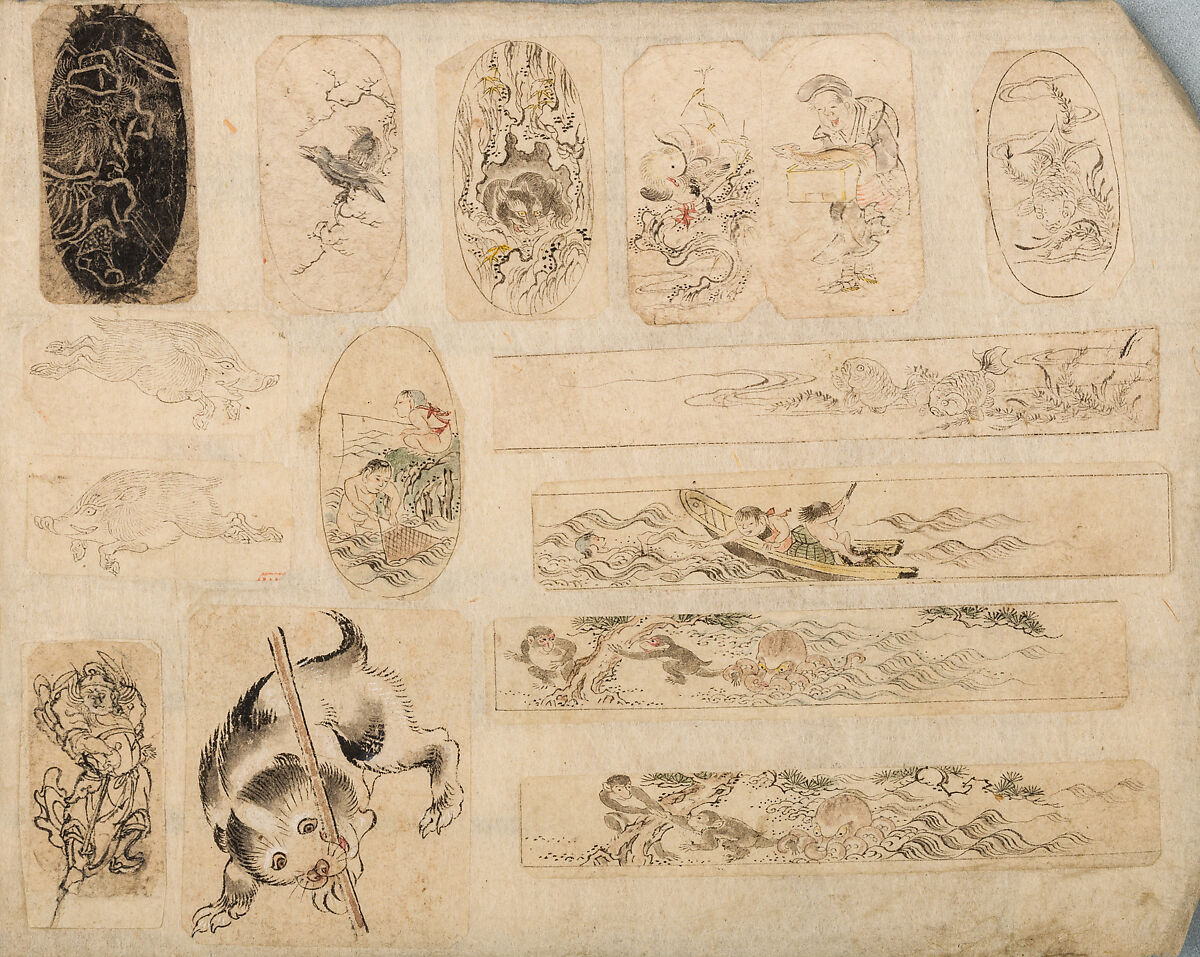 Various Designs for the Chiseller (Chōkō Shitae Shinajina), Togyoku, and others (Japanese, 1867 (3rd Month)), Ink on paper, pasted into a bound volume, Japanese