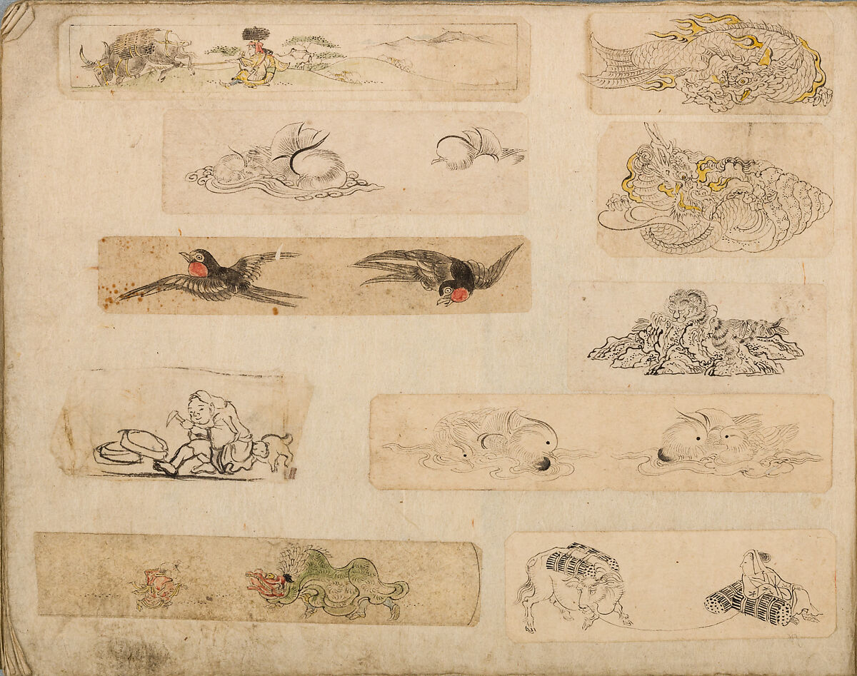 Various Designs for the Chiseller (Chōkō Shitae Shinajina), Togyoku, and others (Japanese, 1867 (3rd Month)), Ink on paper, pasted into a bound volume, Japanese