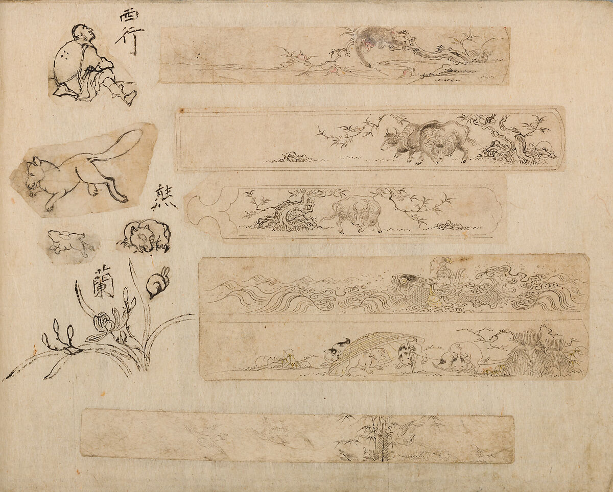 Various Designs for the Chiseller (Chōkō Shitae Shinajina), Togyoku, and others (Japanese, 1867 (3rd Month)), Ink on paper, pasted into a bound volume, Japanese
