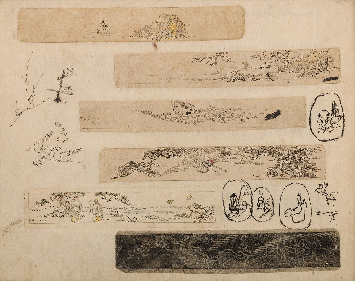 Various Designs for the Chiseller (Chōkō Shitae Shinajina), Togyoku, and others (Japanese, 1867 (3rd Month)), Ink on paper, pasted into a bound volume, Japanese