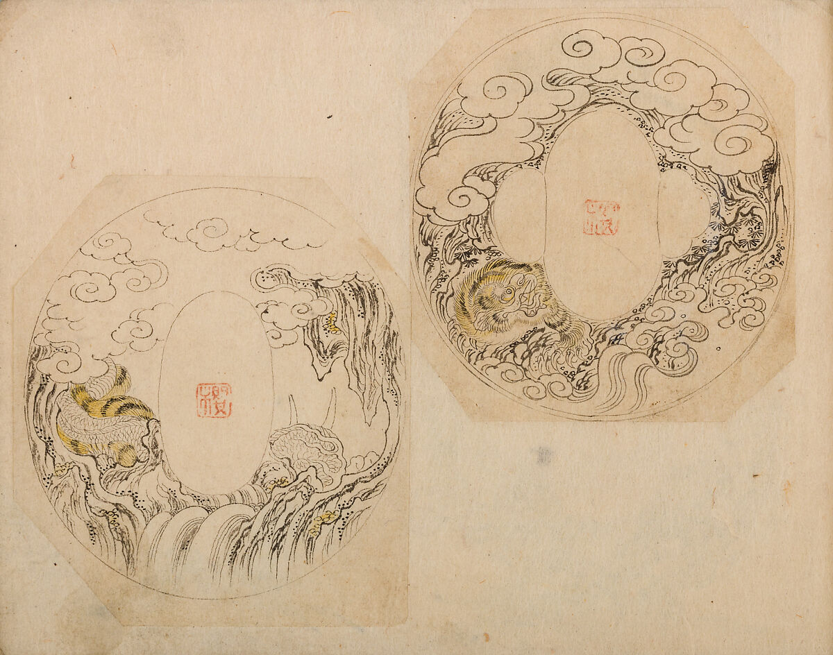 Various Designs for the Chiseller (Chōkō Shitae Shinajina), Togyoku, and others (Japanese, 1867 (3rd Month)), Ink on paper, pasted into a bound volume, Japanese