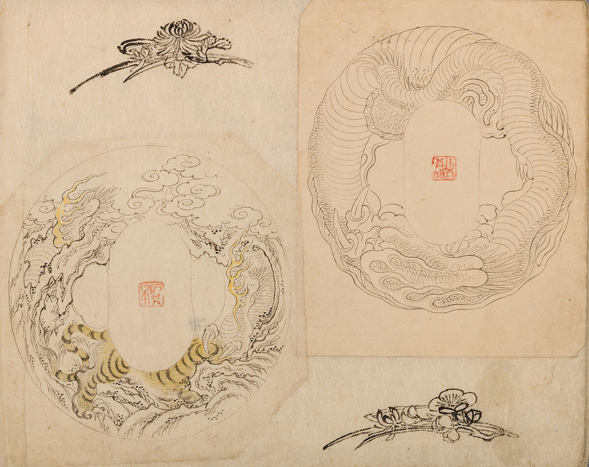 Various Designs for the Chiseller (Chōkō Shitae Shinajina), Togyoku, and others (Japanese, 1867 (3rd Month)), Ink on paper, pasted into a bound volume, Japanese