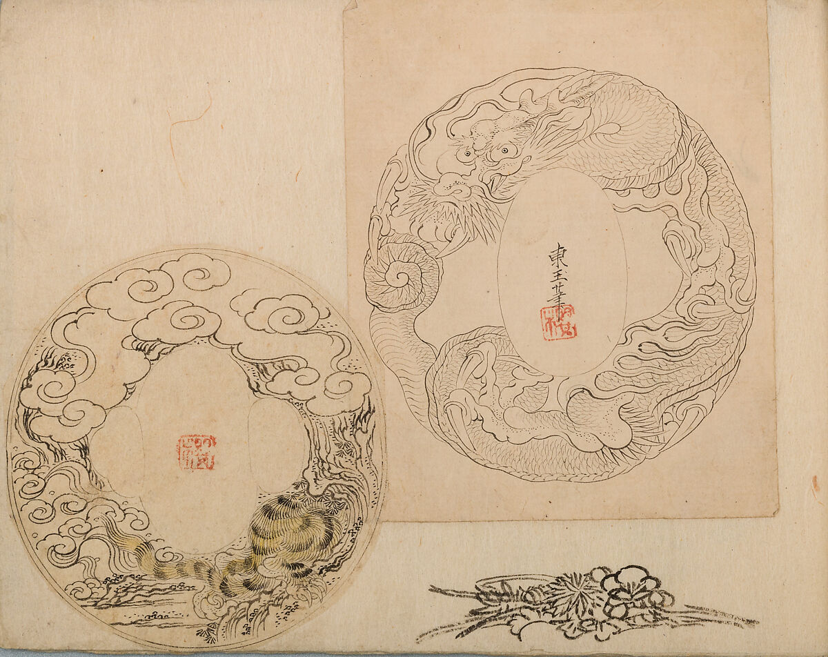 Various Designs for the Chiseller (Chōkō Shitae Shinajina), Togyoku, and others (Japanese, 1867 (3rd Month)), Ink on paper, pasted into a bound volume, Japanese