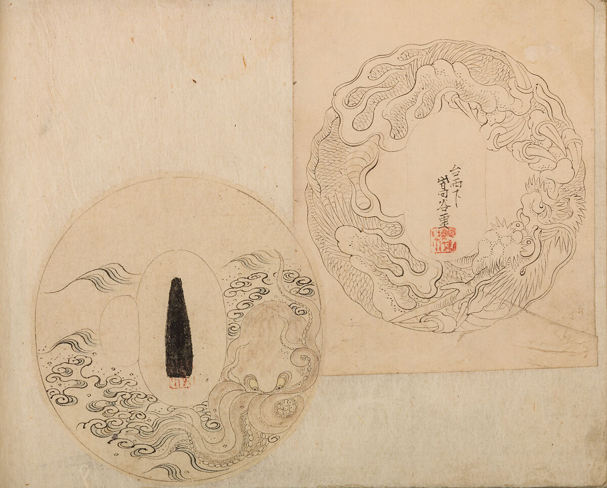 Various Designs for the Chiseller (Chōkō Shitae Shinajina), Togyoku, and others (Japanese, 1867 (3rd Month)), Ink on paper, pasted into a bound volume, Japanese