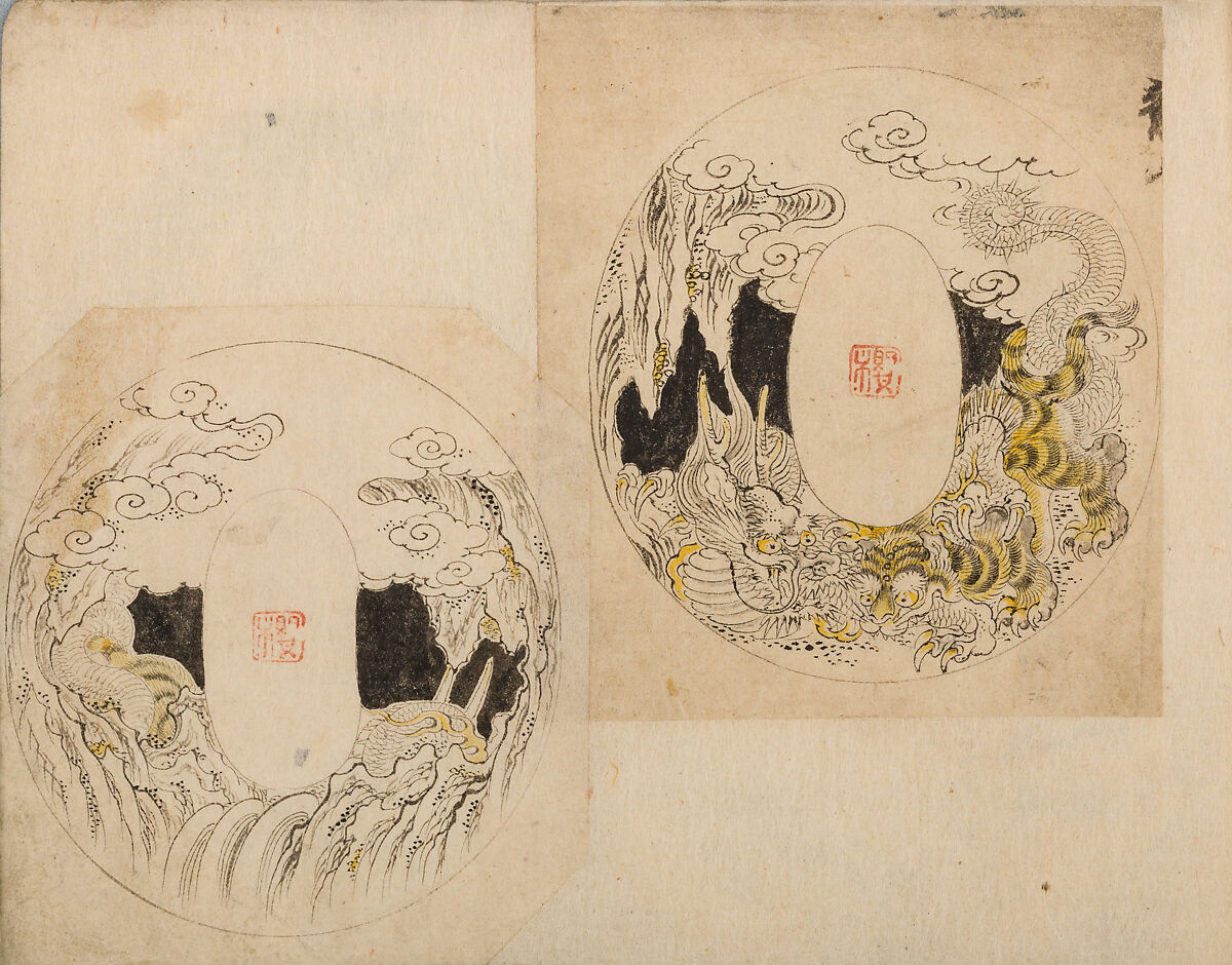 Various Designs for the Chiseller (Chōkō Shitae Shinajina), Togyoku, and others (Japanese, 1867 (3rd Month)), Ink on paper, pasted into a bound volume, Japanese