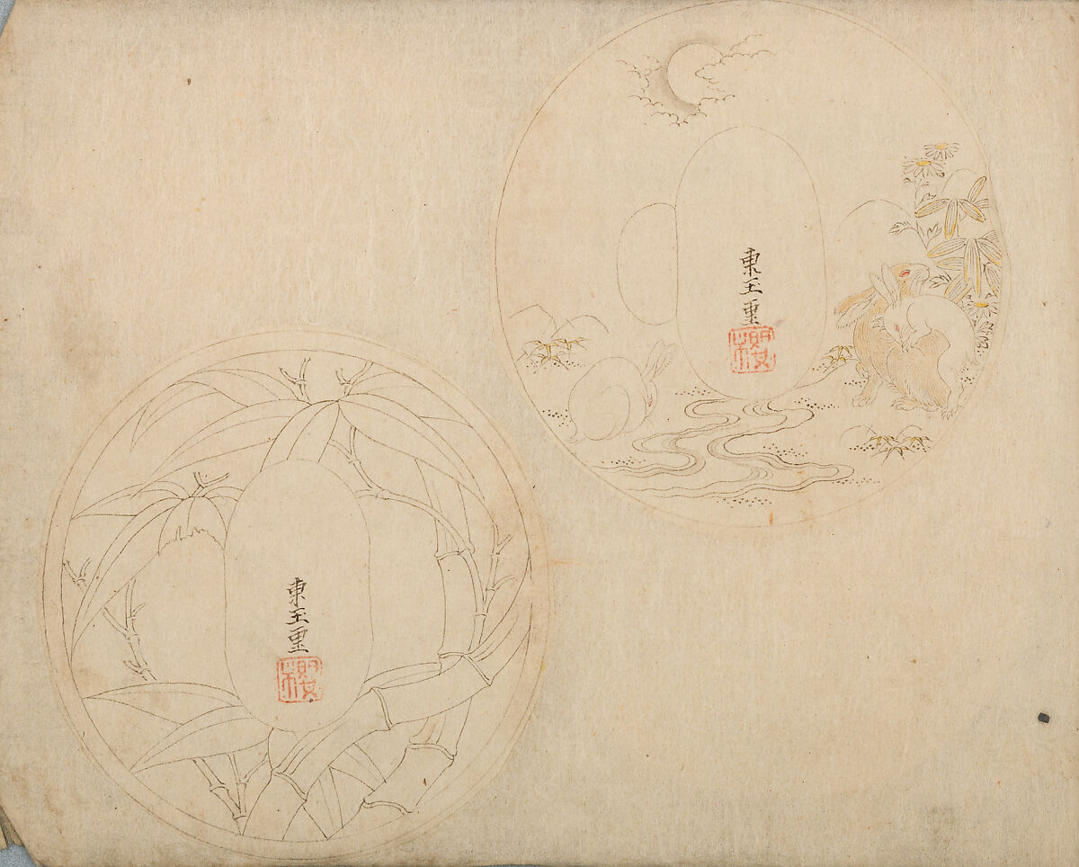 Various Designs for the Chiseller (Chōkō Shitae Shinajina), Togyoku, and others (Japanese, 1867 (3rd Month)), Ink on paper, pasted into a bound volume, Japanese