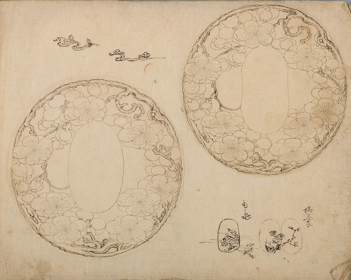 Various Designs for the Chiseller (Chōkō Shitae Shinajina), Togyoku, and others (Japanese, 1867 (3rd Month)), Ink on paper, pasted into a bound volume, Japanese