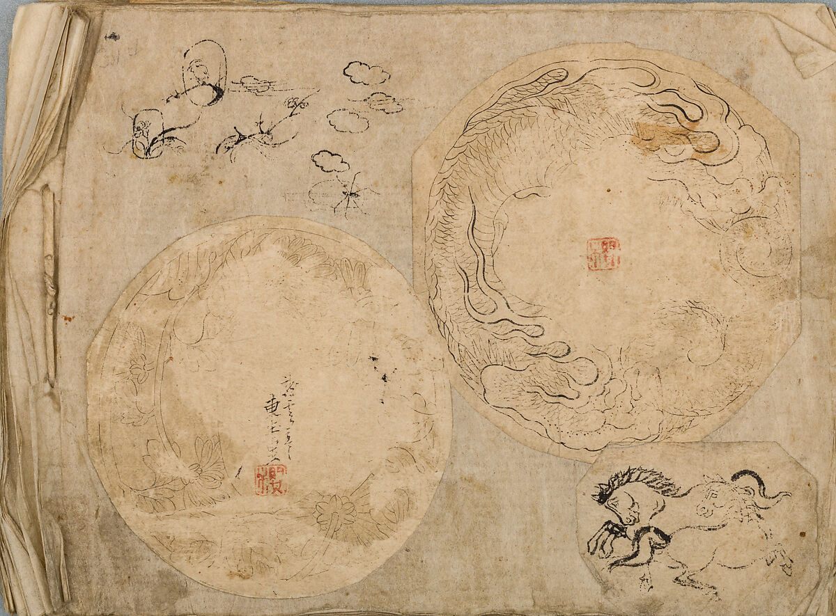 Various Designs for the Chiseller (Chōkō Shitae Shinajina), Togyoku, and others (Japanese, 1867 (3rd Month)), Ink on paper, pasted into a bound volume, Japanese