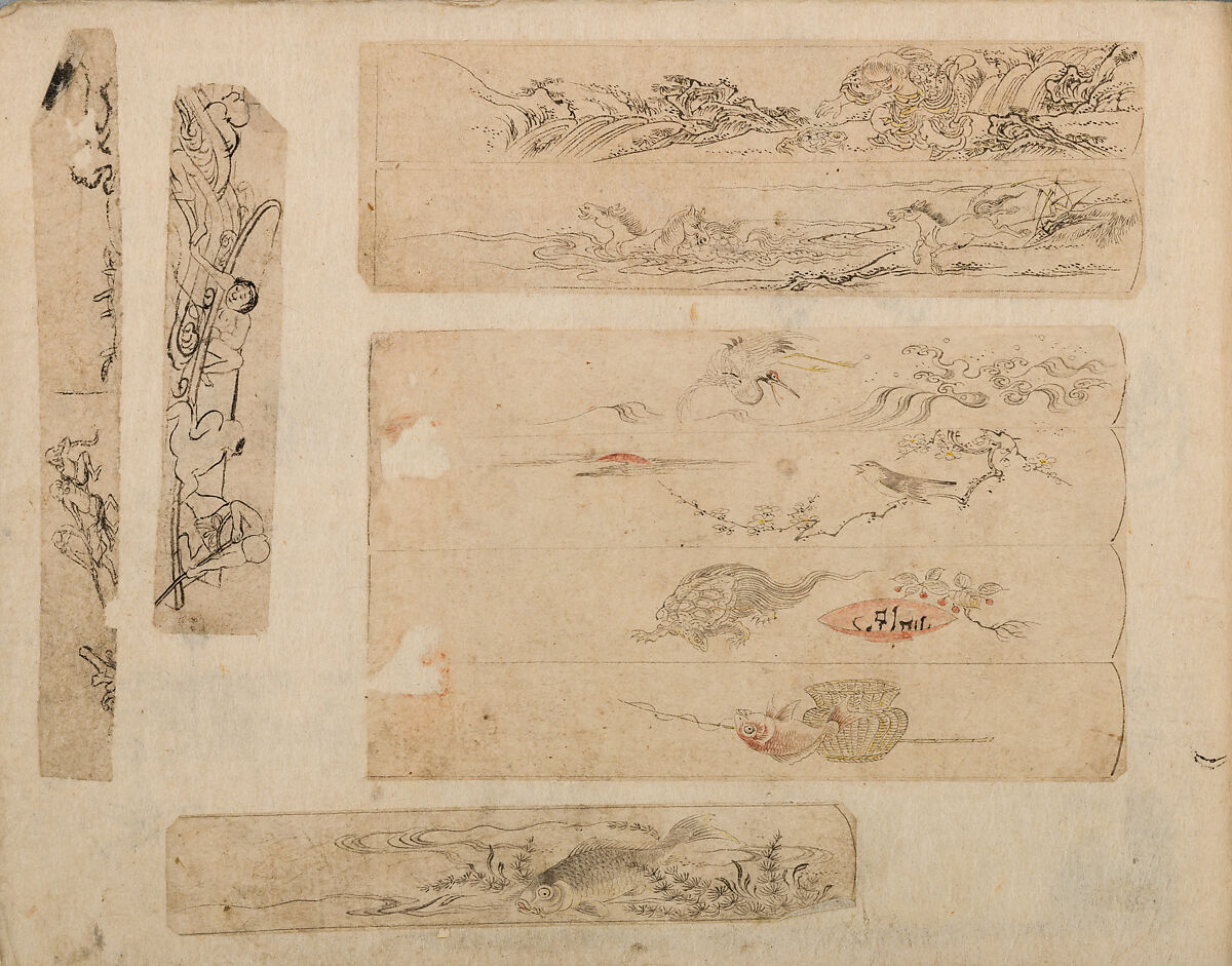 Various Designs for the Chiseller (Chōkō Shitae Shinajina), Togyoku, and others (Japanese, 1867 (3rd Month)), Ink on paper, pasted into a bound volume, Japanese