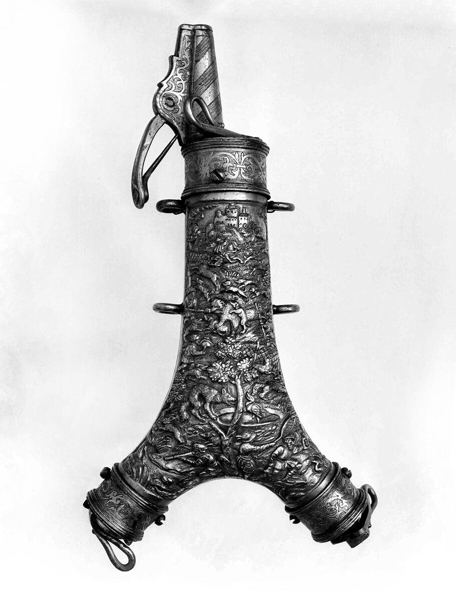 Powder Flask with Spanner, Primer, and Bullet Compartment, Bronze, gold, German, Augsburg or Nuremberg 