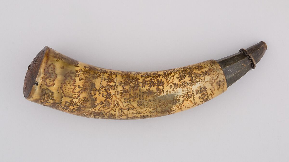 Powder Horn, Horn (cow), wood, Colonial American 