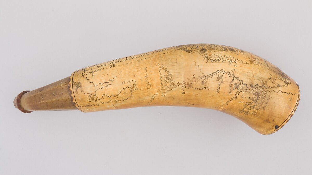 Powder Horn, Jacob Gay (American, New York, recorded 1758–87), Horn (cow), wood, Colonial American