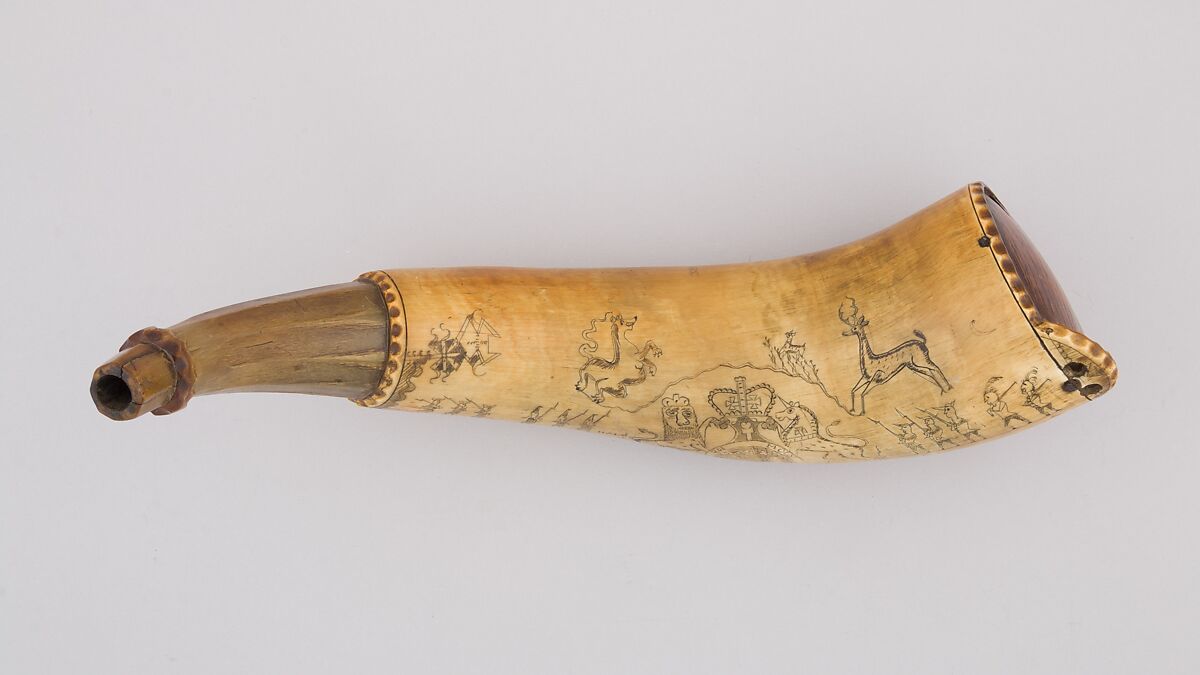 Powder Horn, Jacob Gay (American, New York, recorded 1758–87), Horn (cow), wood, Colonial American