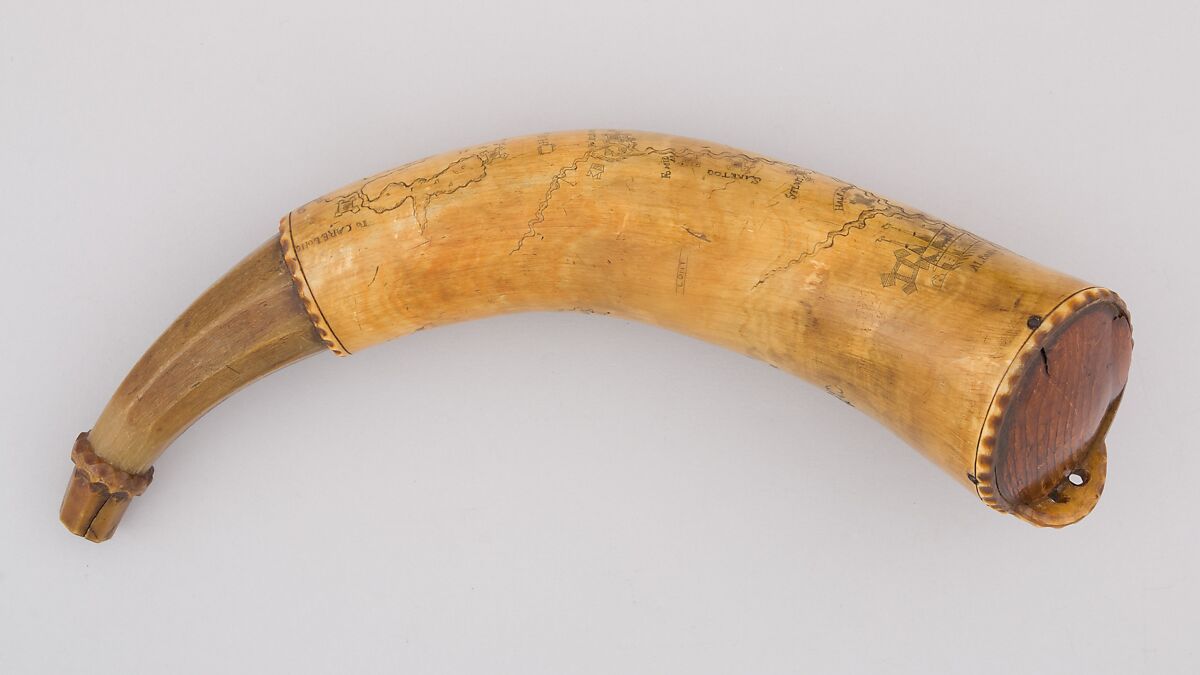 Powder Horn, Jacob Gay (American, New York, recorded 1758–87), Horn (cow), wood, Colonial American