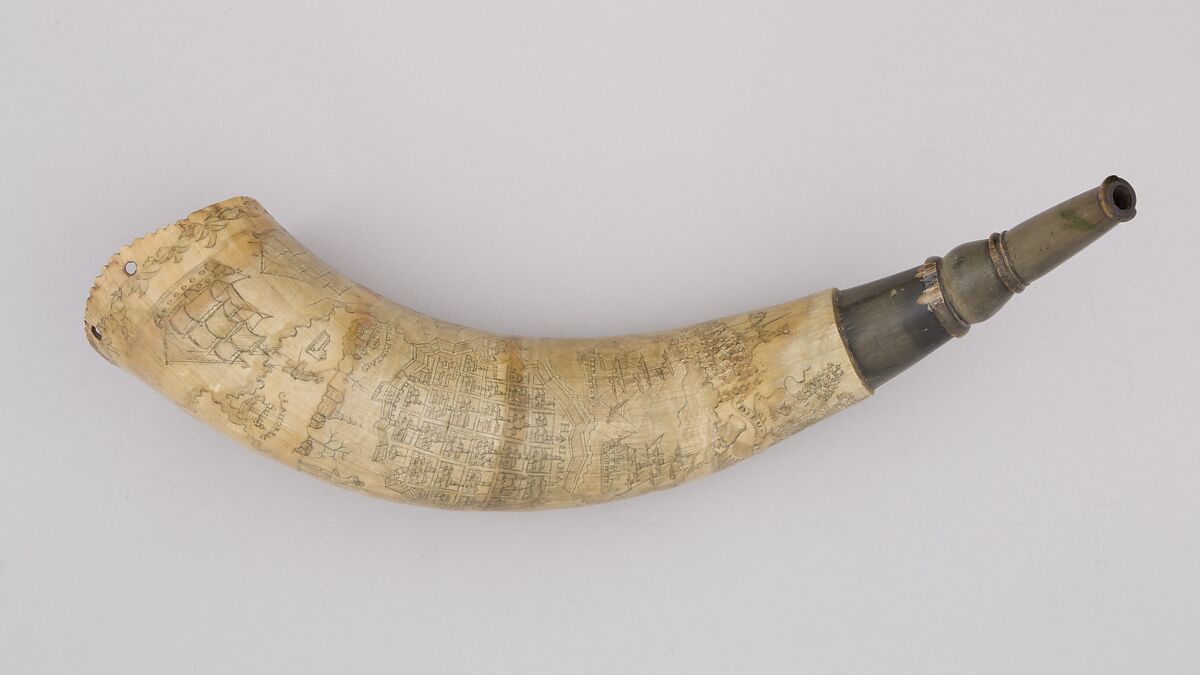 Powder Horn, Horn (cow), wood, pigment, Colonial American