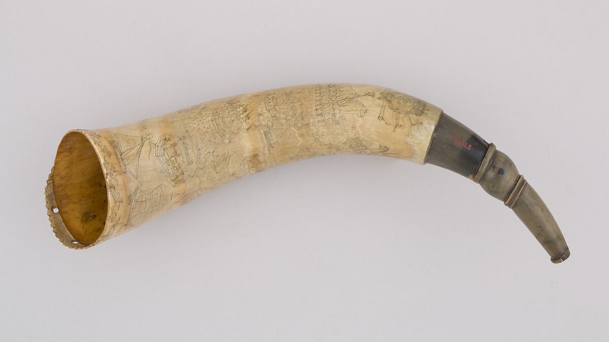 Powder Horn, Horn (cow), wood, pigment, Colonial American