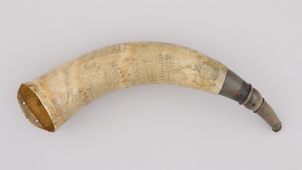 Powder Horn, Horn (cow), wood, pigment, Colonial American