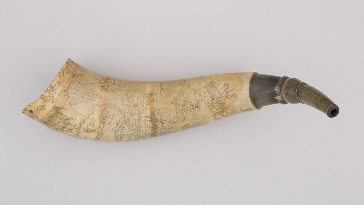 Powder Horn, Horn (cow), wood, pigment, Colonial American