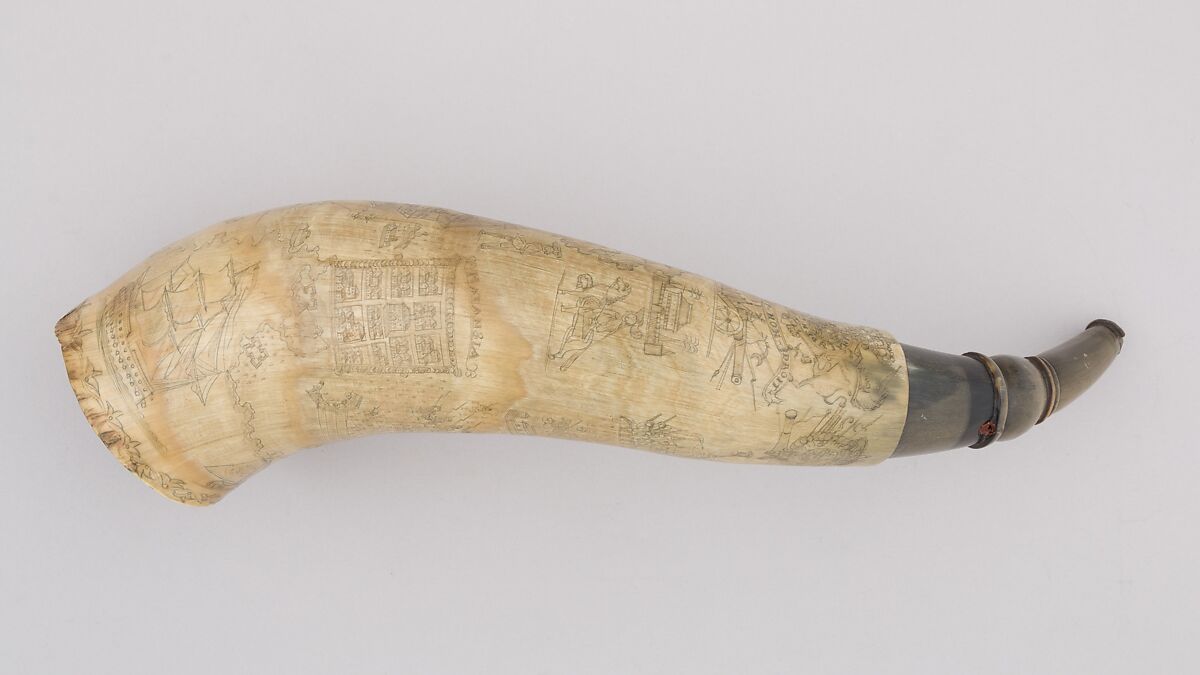Powder Horn, Horn (cow), wood, pigment, Colonial American