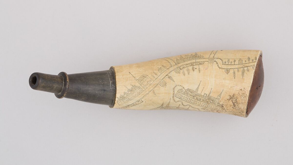 Powder Horn, Horn (cow), wood, Colonial American, Massachussets