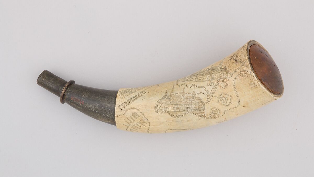 Powder Horn, Horn (cow), wood, Colonial American, Massachussets 