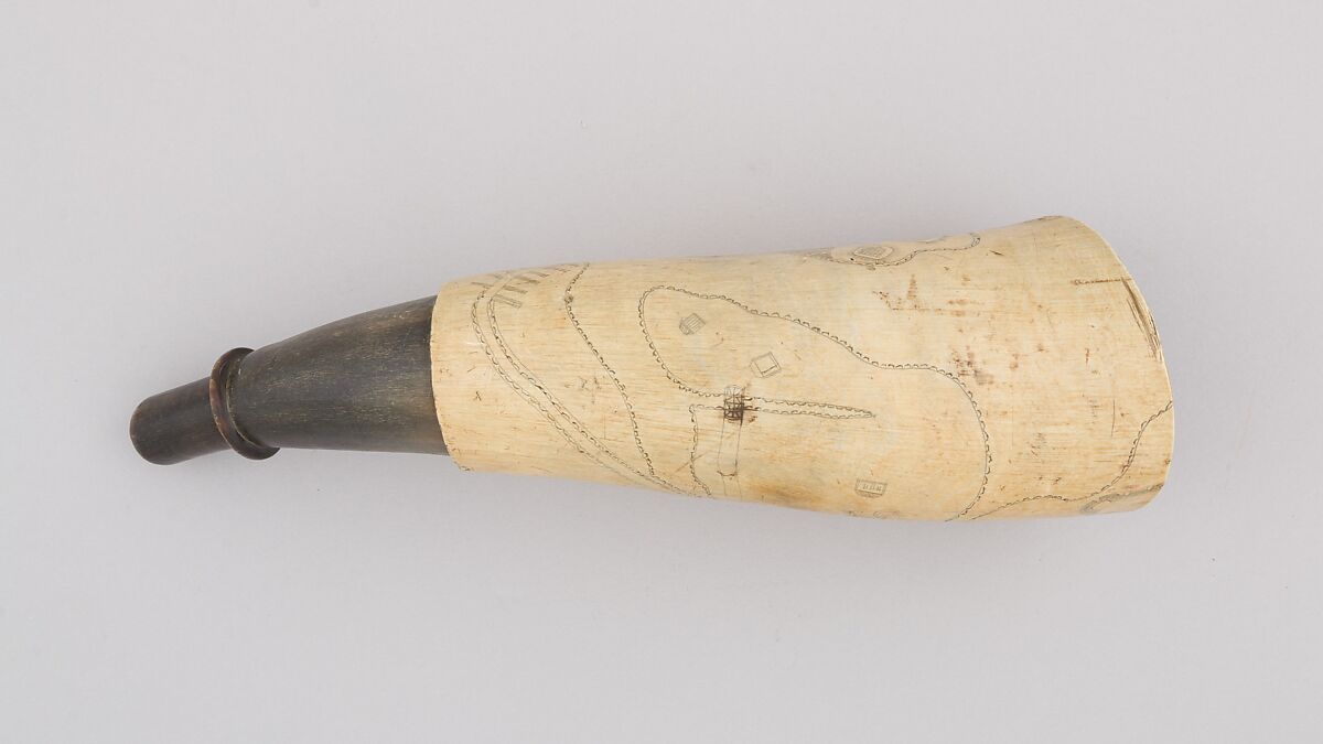 Powder Horn, Horn (cow), wood, Colonial American, Massachussets
