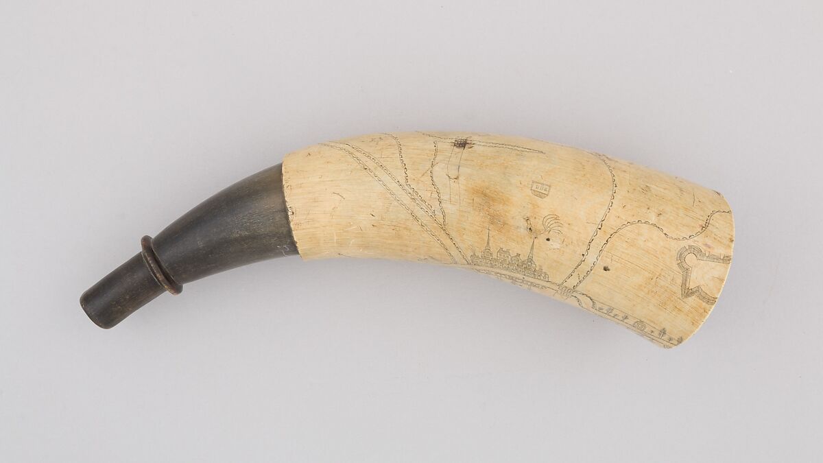 Powder Horn, Horn (cow), wood, Colonial American, Massachussets