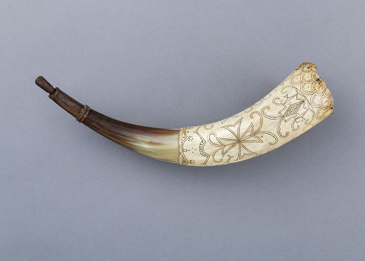 Powder Horn, Horn (cow), wood (pine), Native American, possibly Penobscot 