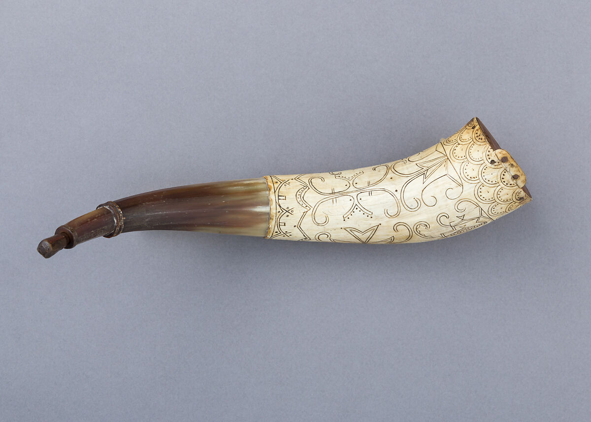 Powder Horn, Horn (cow), wood (pine), Native American, possibly Penobscot