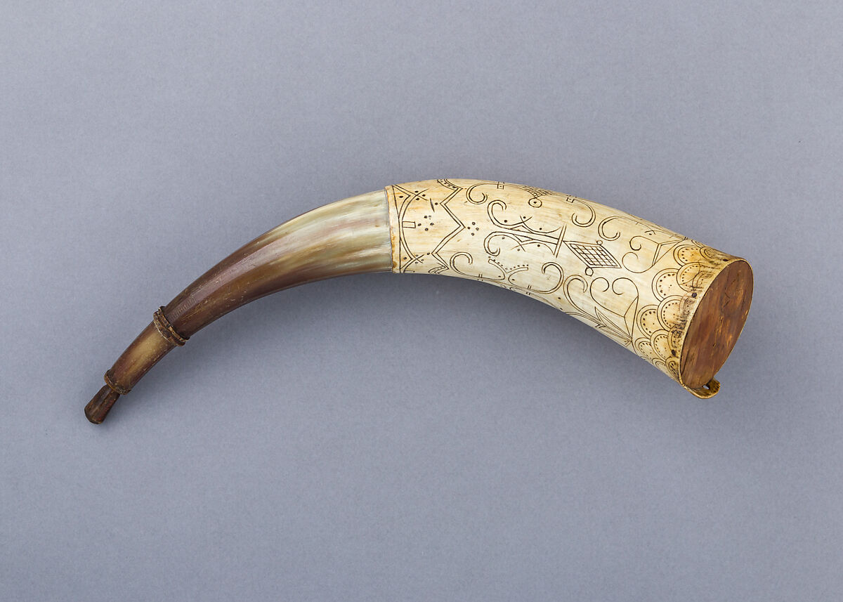 Powder Horn, Horn (cow), wood (pine), Native American, possibly Penobscot