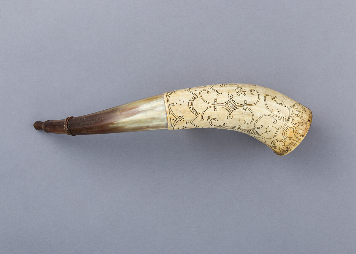 Powder Horn, Horn (cow), wood (pine), Native American, possibly Penobscot