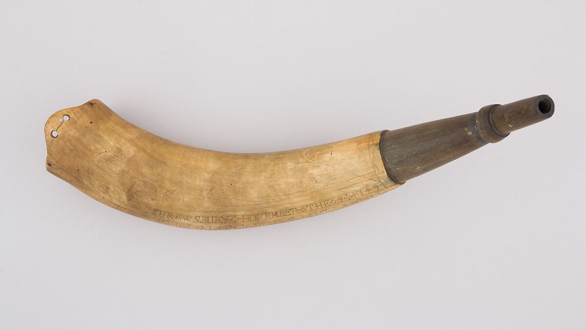 Powder Horn, Horn (cow), wood, Colonial American, Shrewsbury, Massachusetts