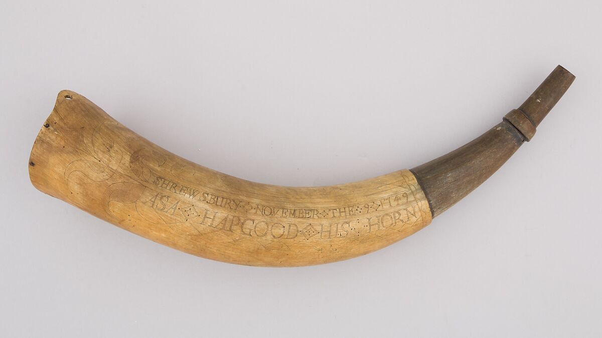 Powder Horn, Horn (cow), wood, Colonial American, Shrewsbury, Massachusetts 