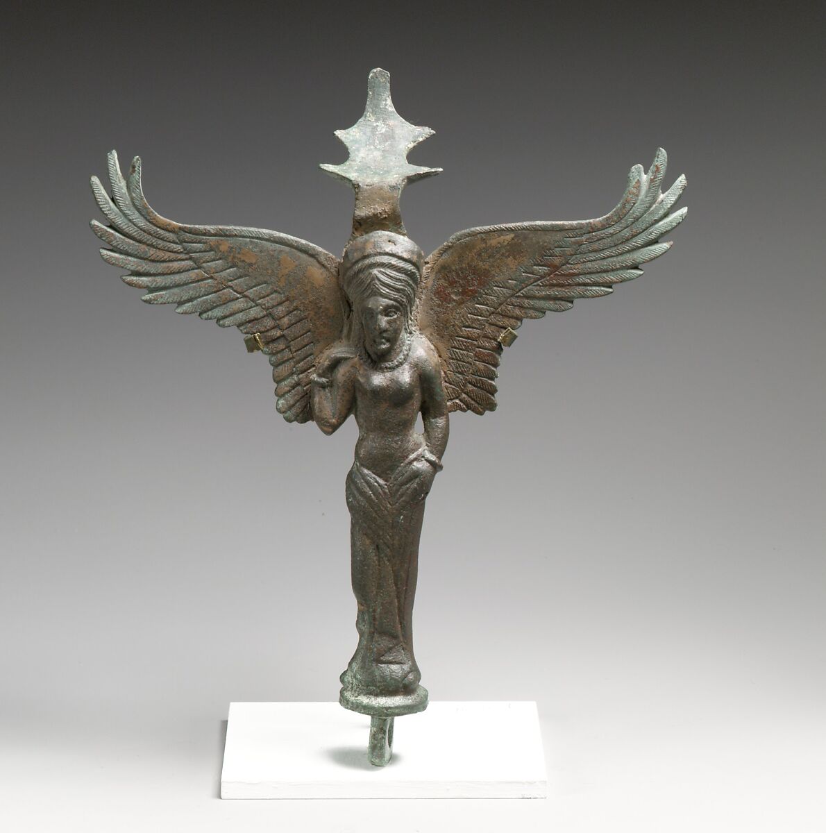 Bronze patera handle in the form of Lasa, Bronze, Etruscan