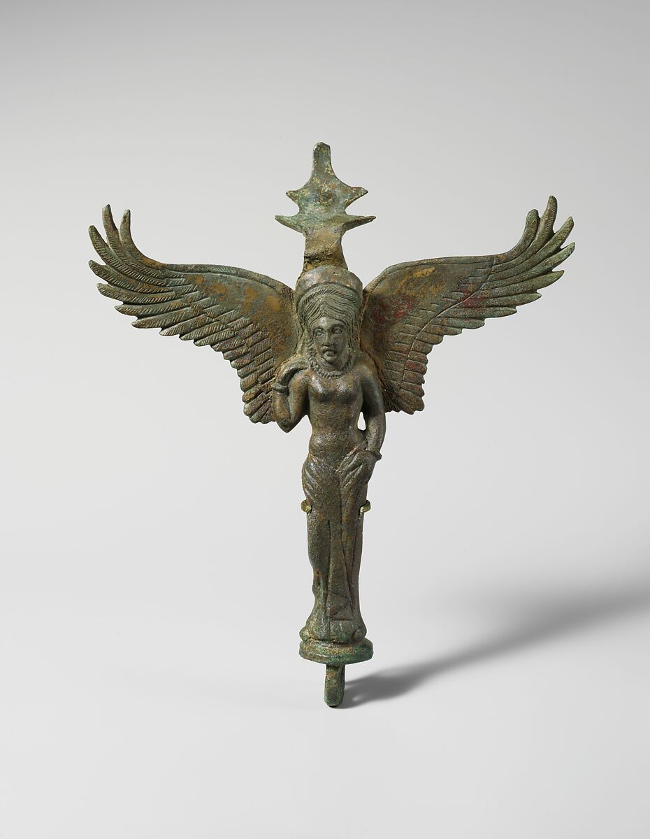 Bronze patera handle in the form of Lasa, Bronze, Etruscan 